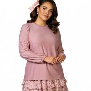 Adrianna‎ Papell Swiss Dot Long Sleeve Blouse Womens XL Pink Feminine Coquette